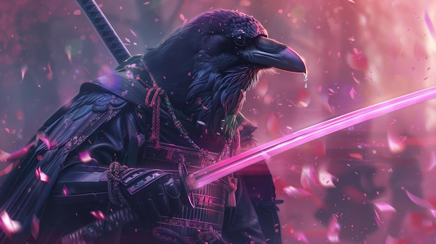 Samura raven with a neon sword in his hands