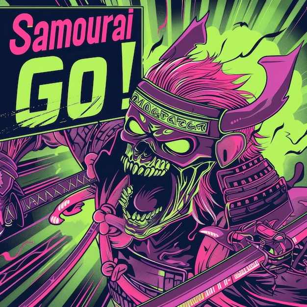 Samurai Action Cartoon Comic book style illustration for tshirt