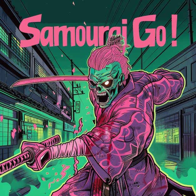 Samurai Action Comic Book Style Illustration for poster tshirt