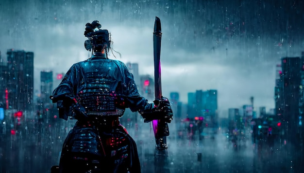 Samurai on the background of the night neon city rain Dark rainy streets neon lights in the dark Samurai silhouette dark city streets smoke smog blurred background 3D illustration