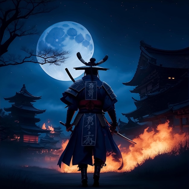 samurai blood moon night battle burning village