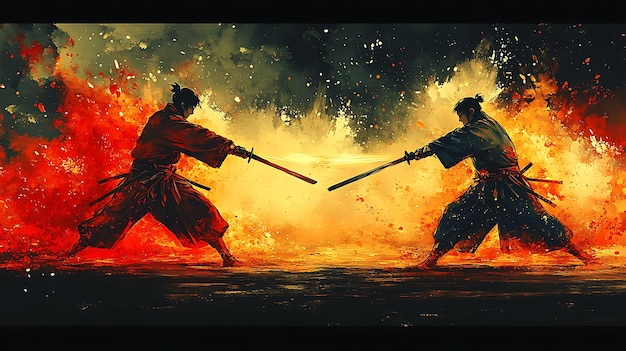 Photo samurai duel in a blaze of fire