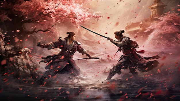 Samurai duel under a cascade of cherry blossoms