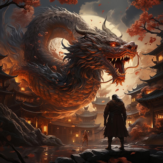 Samurai Fighting Dragon using bazooka in yew yor city fantasy hyper realialistic