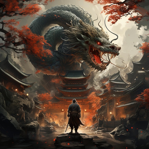 Samurai Fighting Dragon using bazooka in yew yor city fantasy hyper realialistic