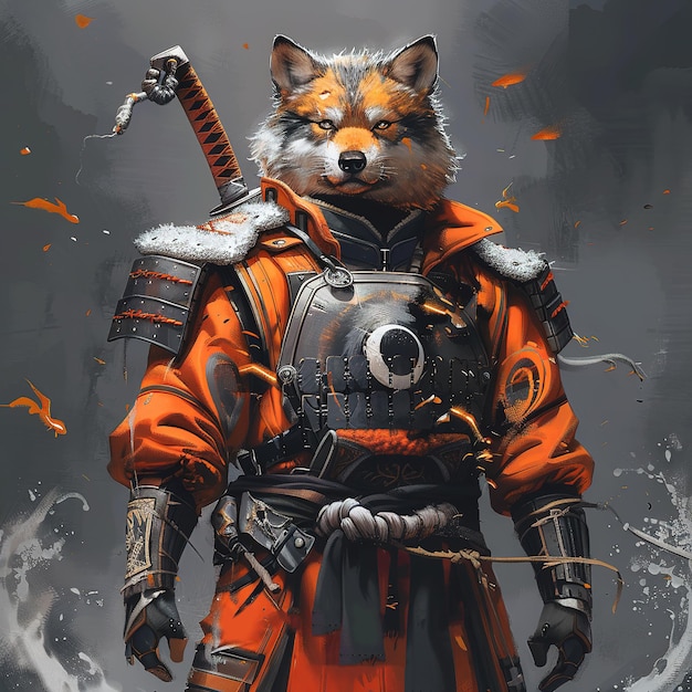 The samurai fox with traditional japanese clothes and sword or katana