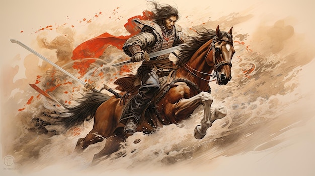 A samurai on horseback enters battle with a war banner Japanese aesthetics mount sword katana silhouette plate armor Concept of a rider and his horse Generative by AI