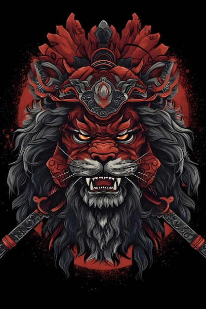 samurai lion vector art black background