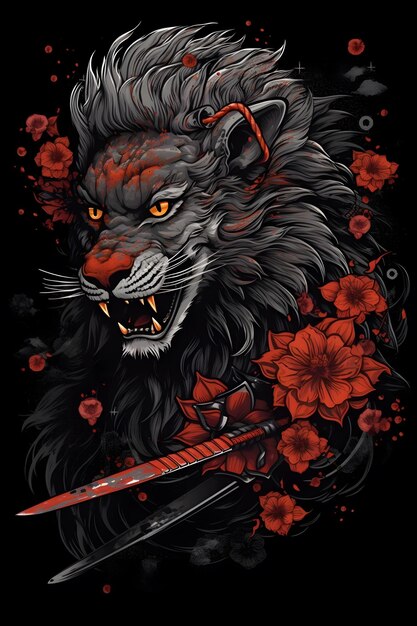 samurai lion vector art black background