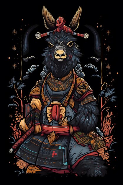 samurai llama vector art black background