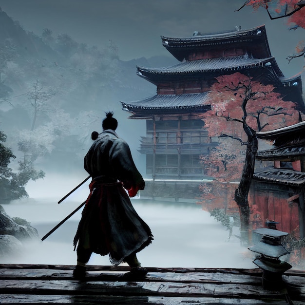 Samurai man in Japan buildings 3d rendering