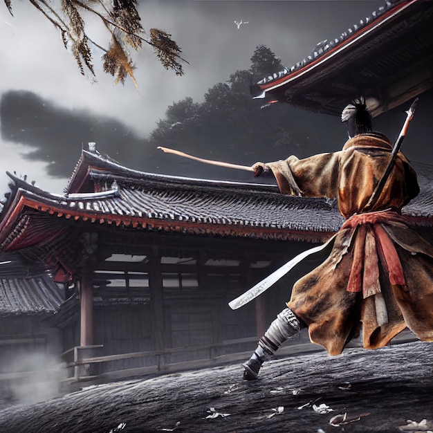 Samurai man in Japan buildings 3d rendering