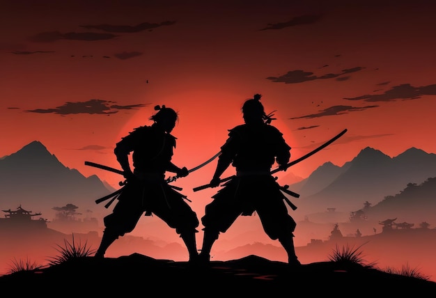 Samurai Silhouette Against a Red Sky