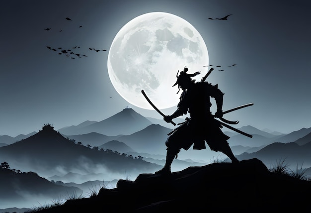 Samurai Silhouette Under the Full Moon