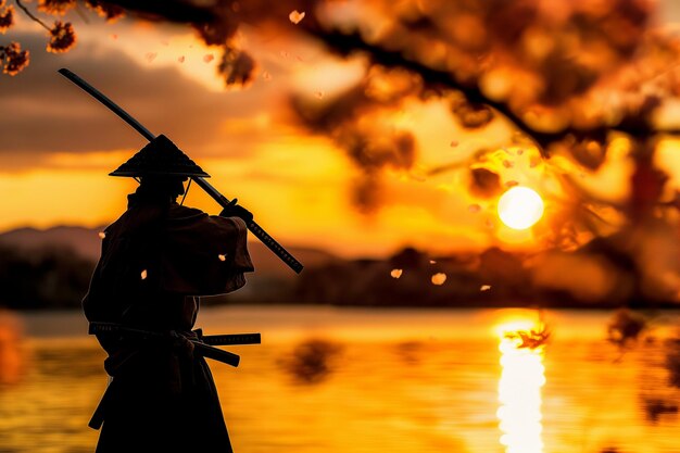 Photo samurai silhouette at sunset near a tranquil reflection lake