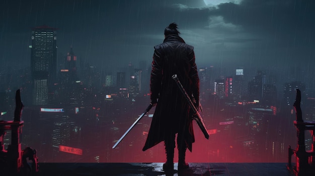 Samurai standing on a building in cyberpunk city at rainy night