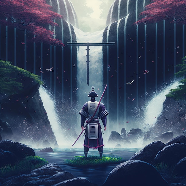 Samurai standing near a waterfall digital art style illustrated 3d rendering. raster illustration