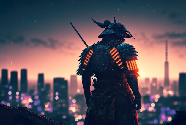 Samurai standing on the roof with neon city lights generative ai