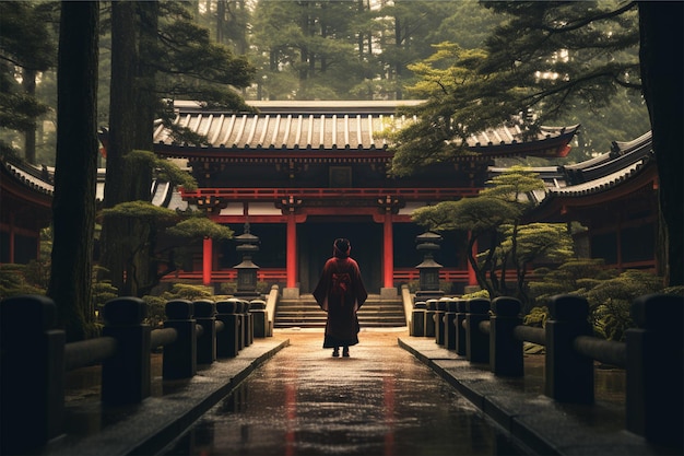 A samurai stands in front of a japanese temple