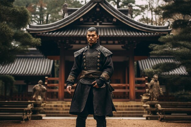 A samurai stands in front of a japanese temple