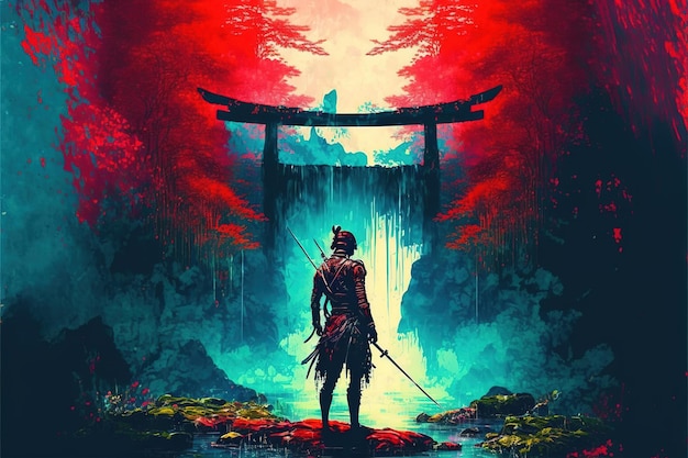 Samurai stands near waterfall Samurai standing in waterfall garden with swords on the ground Digital art style illustration painting