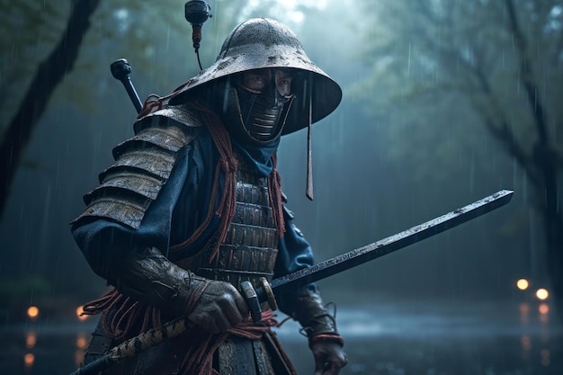 A samurai stands in the rain with a sword in his hand.