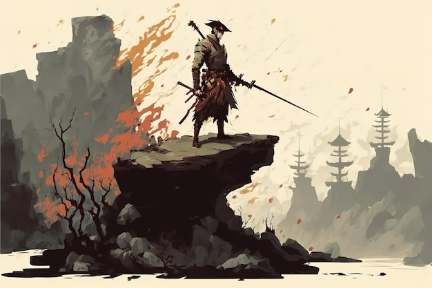 A samurai stands on a rock