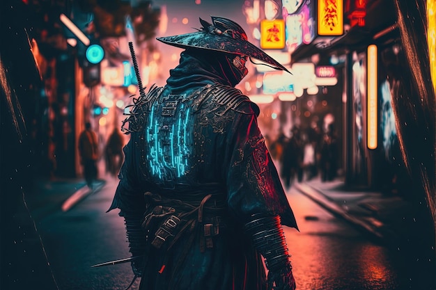 Samurai in the style of cyberpunk with blue neon on the back City of the future warrior swordsman katana full set of armor high resolution illustrations art AI