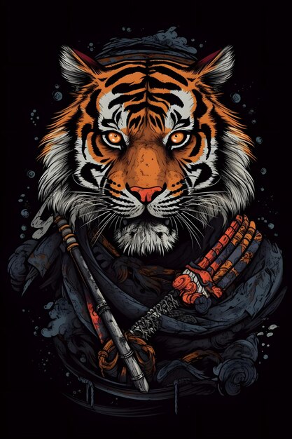 samurai tiger vector art black background