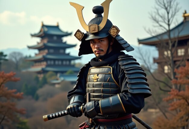 A samurai warrior in full armor stands before a Japanese temple holding a katana