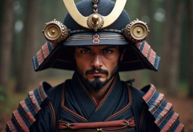 A samurai warrior in full armor with a serious expression on his face