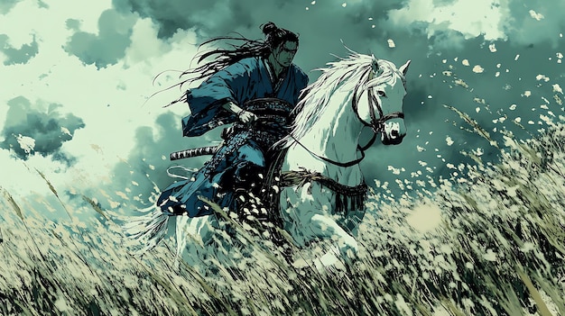 Samurai Warrior Riding Through Grasslands on a White Horse