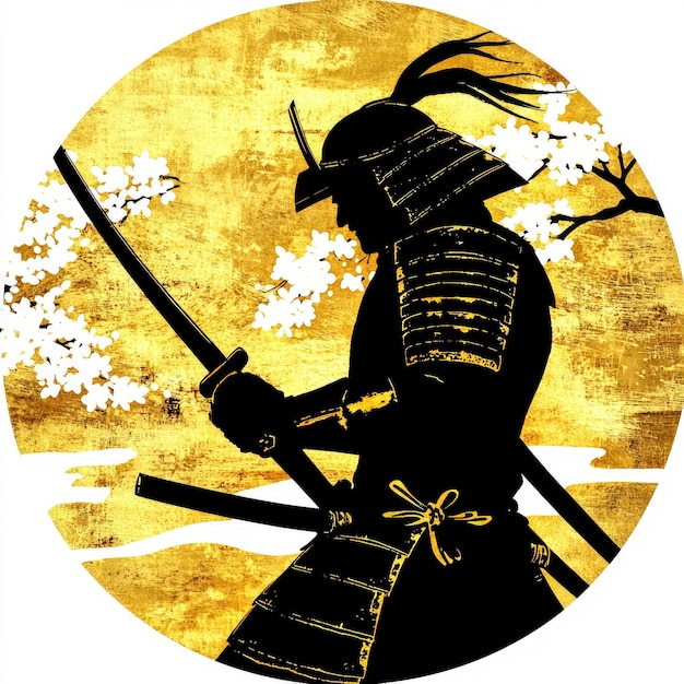 Photo samurai warrior silhouette against gold background with cherry blossoms