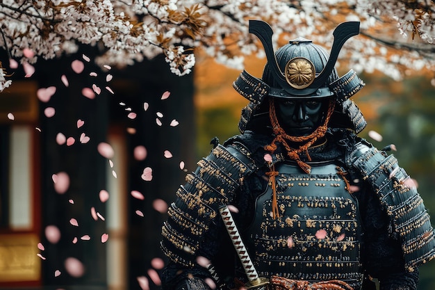 Photo samurai warrior standing under cherry blossom trees in traditional armor holding a katana