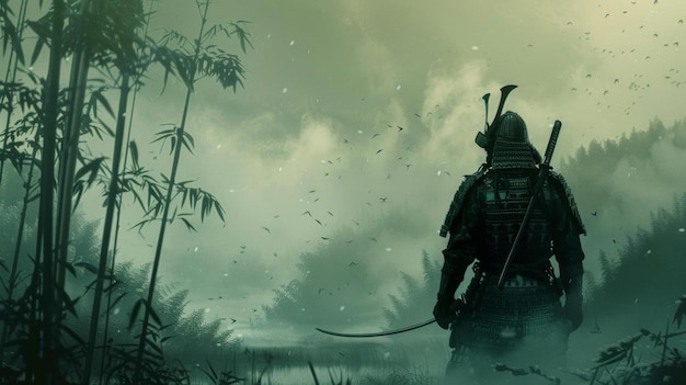 Samurai warrior standing in misty bamboo forest holding katana Atmospheric serene landscape