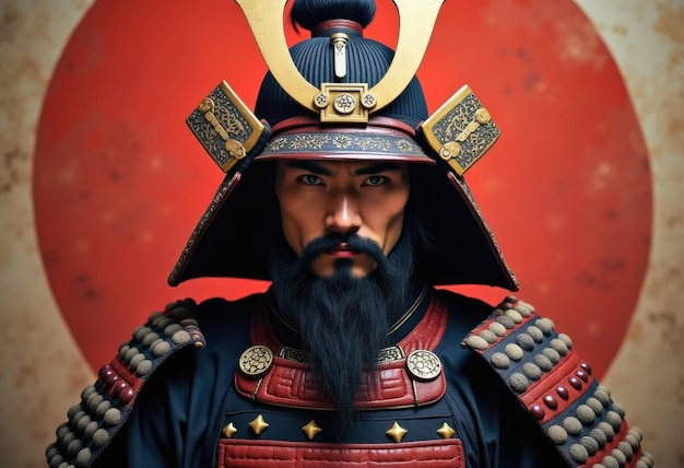 A samurai warrior in traditional armor and helmet stands before a red background