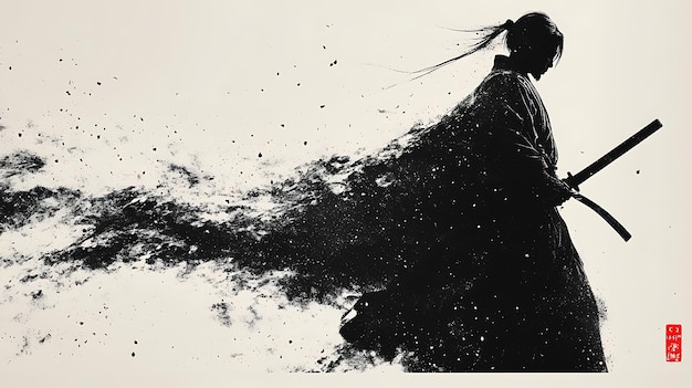 Photo a samurai warrior in traditional clothing with a katana sword dissolving into particles against a white background