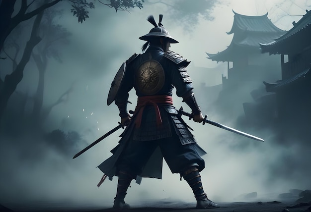 a samurai with a sword and a stone in the background