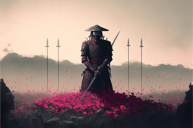 Samurai with the weapon Samurai standing among the swords impaled on the ground in the flower fields Digital art style illustration painting