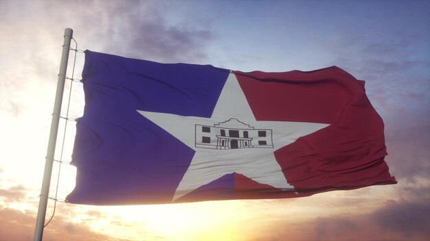 San Antonio city flag, Texas, waving in the wind, sky and sun background. 3d rendering