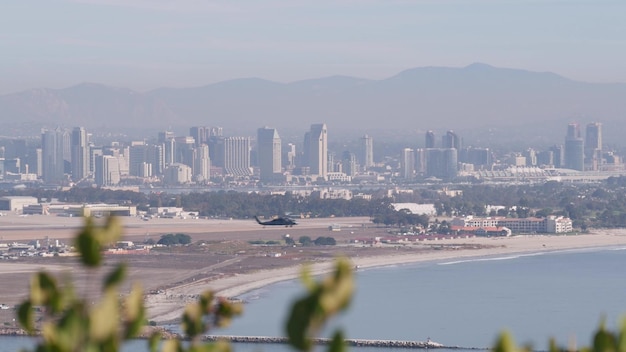 San diego city skyline cityscape of downtown california point loma helicopter