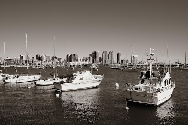 San Diego downtown with boat in bay