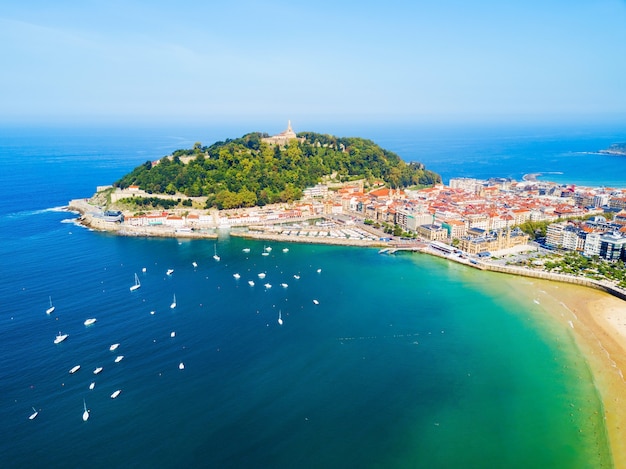 San Sebastian or Donostia aerial panoramic view. San Sebastian is a coastal city in the Basque country in Spain.