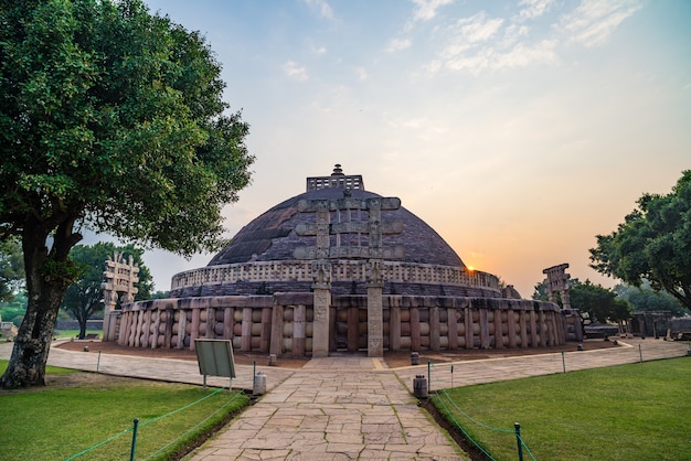 Sanchi Stupa, Madhya Pradesh, India. Ancient buddhist building, religion mystery. Sunrise sky.