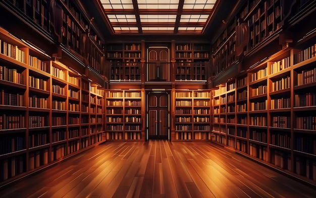 Sanctuary of Knowledge Warm light bathes an elegant woodpaneled library filled with countless books evoking a sense of calm and the profound depth of human knowledge contained within its walls