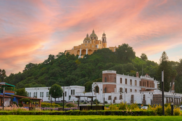 Sanctuary of the remedies in Cholula Puebla with the sunset sky in the background