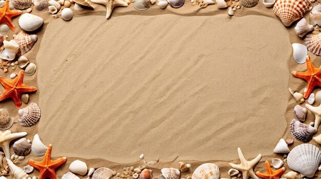 Photo sand background decorated with shells starfish beach sand sea background for creativity free spa