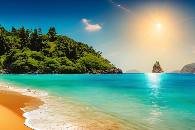 sand beach where a lush island basks in the glow of a summer sky