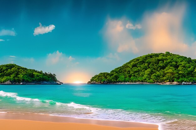 sand beach where a lush island basks in the glow of a summer sky