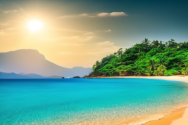 sand beach where a lush island basks in the glow of a summer sky